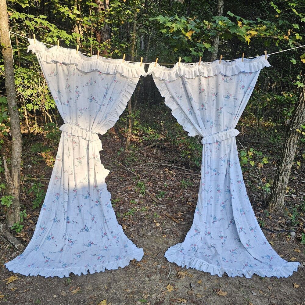 Vintage White Floral Ruffled Curtain Panels Pink & Blue Cottagecore Grannycore